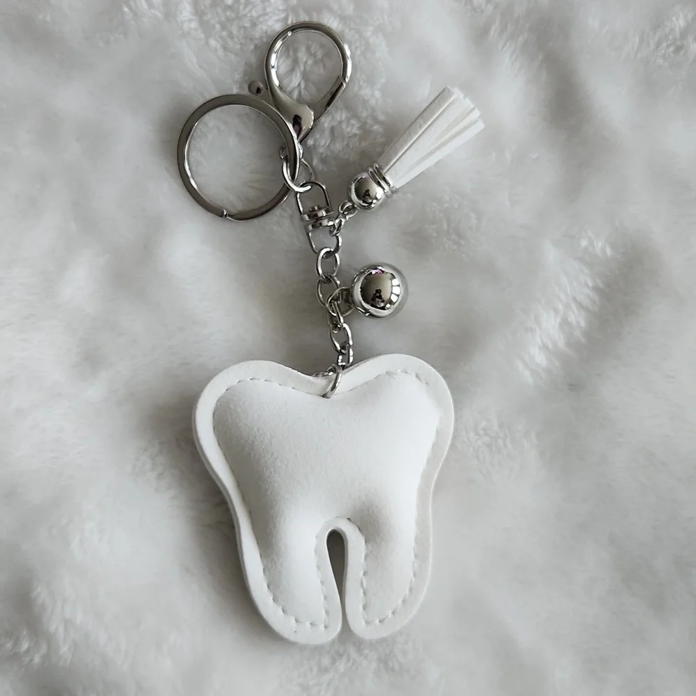 Silver Rhinestone Tooth Keychain Bag Charm